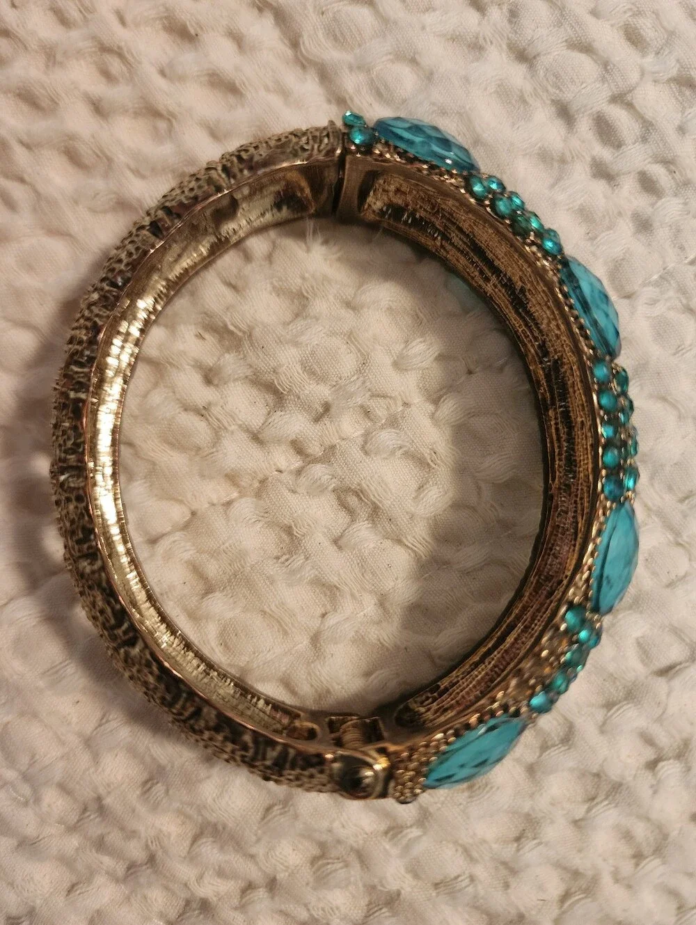 Pair Of Vintage Statement Clamper Bracelets Cream/Gold & Teal With Rhinestones